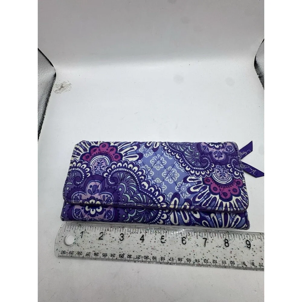 Vera Bradley Purple Trifold Wallet Lilac Tapestry Wear On Edges - Picture 7 of 8